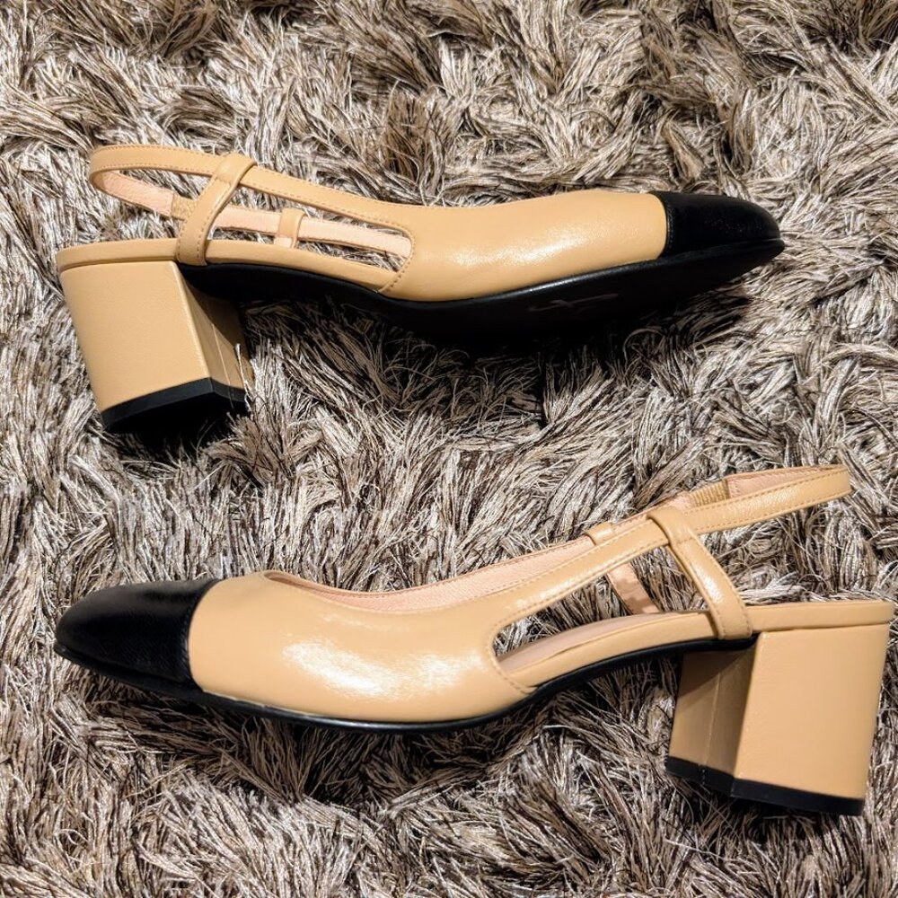 Tuckernuck French Sole Cap Toe Tan & Black Slingback Heels 7.5 NEW - Picture 5 of 9